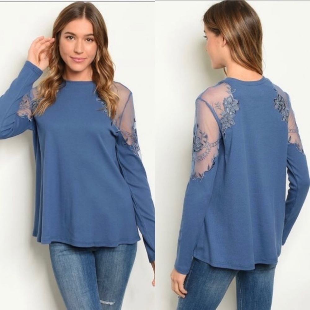 Lace Shoulders Indigo Long Sleeve Top
